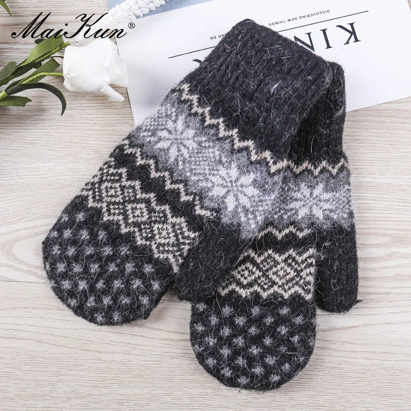Maikun New Autumn And Wnter Gloves Ladies Double-Layer Plus Velvet Thick Warm Knitted Bag Finger gloves