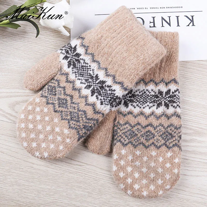 Maikun New Autumn And Wnter Gloves Ladies Double-Layer Plus Velvet Thick Warm Knitted Bag Finger gloves
