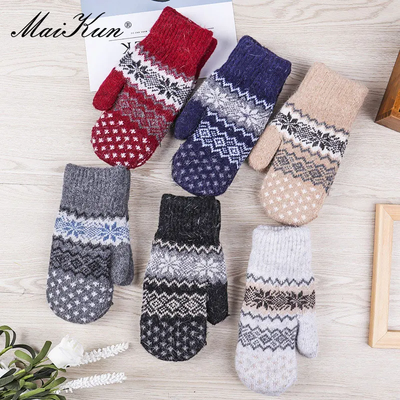 Maikun New Autumn And Wnter Gloves Ladies Double-Layer Plus Velvet Thick Warm Knitted Bag Finger gloves