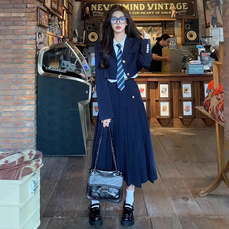New Spring Autumn Japanese Preppy JK Uniform Blazer Suit 3 Piece Set Women College Style Blazer Coat Pleated Skirt Outfit