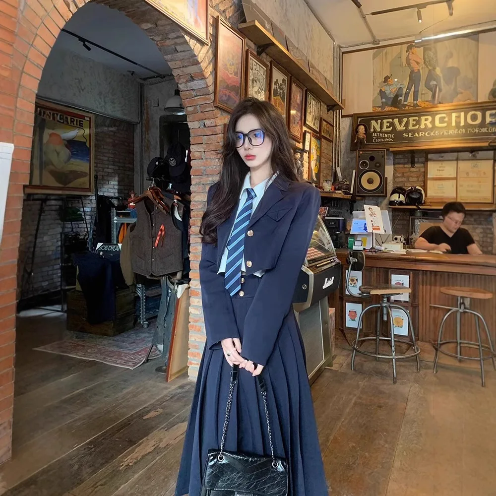New Spring Autumn Japanese Preppy JK Uniform Blazer Suit 3 Piece Set Women College Style Blazer Coat Pleated Skirt Outfit