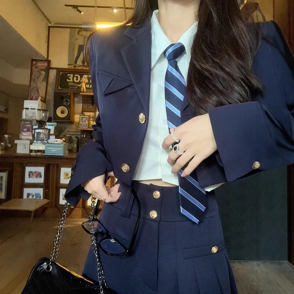 New Spring Autumn Japanese Preppy JK Uniform Blazer Suit 3 Piece Set Women College Style Blazer Coat Pleated Skirt Outfit