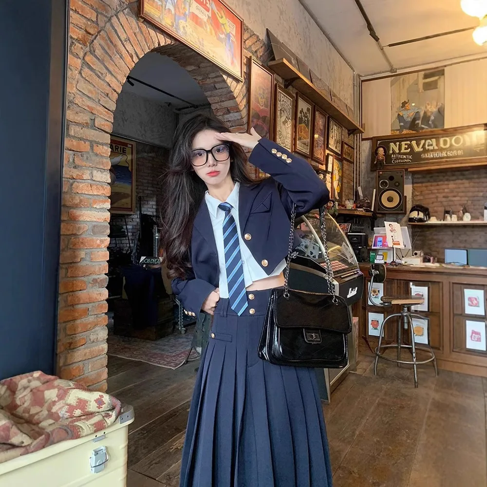 New Spring Autumn Japanese Preppy JK Uniform Blazer Suit 3 Piece Set Women College Style Blazer Coat Pleated Skirt Outfit