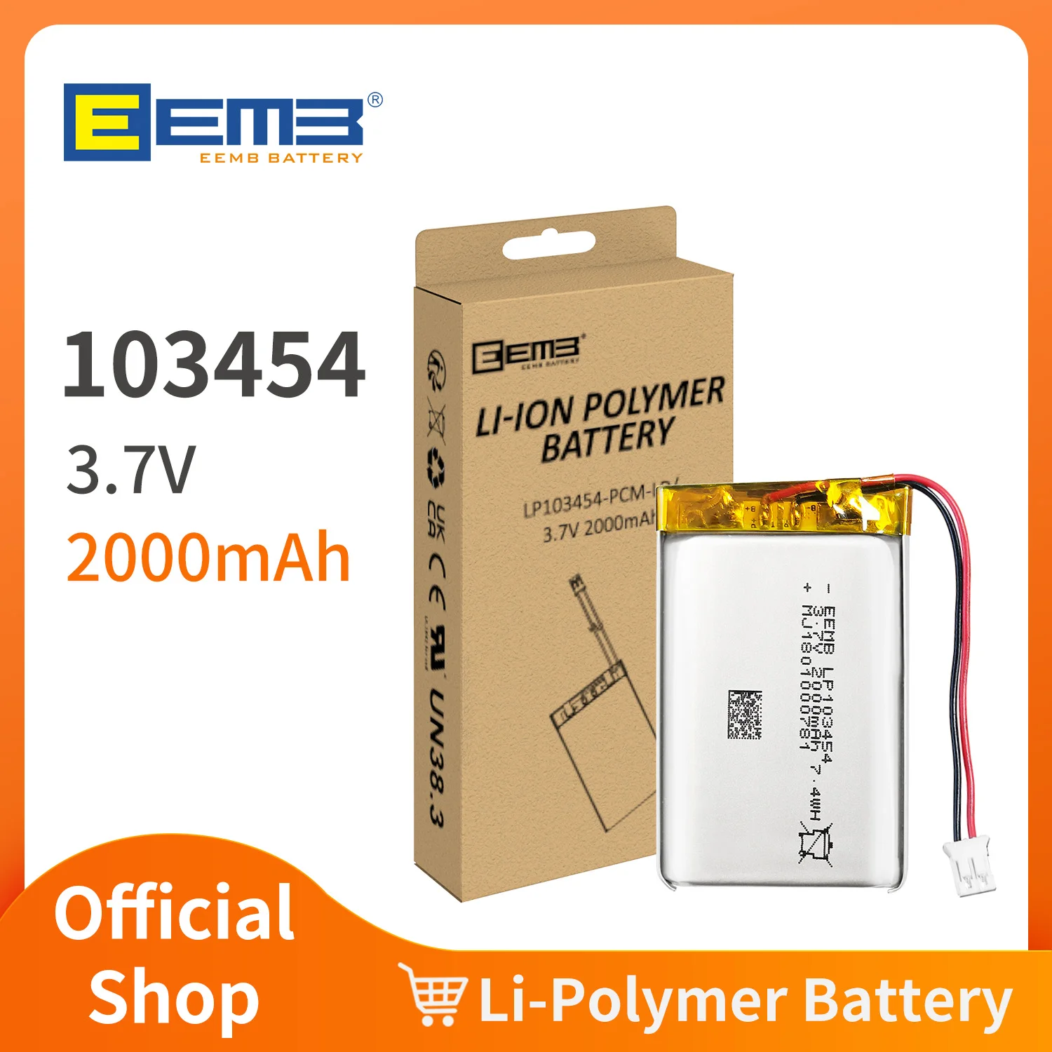 EEMB LP103454 3.7V 2000mAh Li-Po Battery with JST-PHR Connector for Camera GPS Tablet Bluetooth Speaker DIY Rechargeable 103454