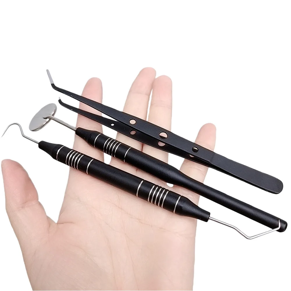 Dental Black & Gold 3Pcs Stainless Steel Kit: Mouth Mirror, Probe & Tweezers – Professional Oral Exam Instrument for Clinic