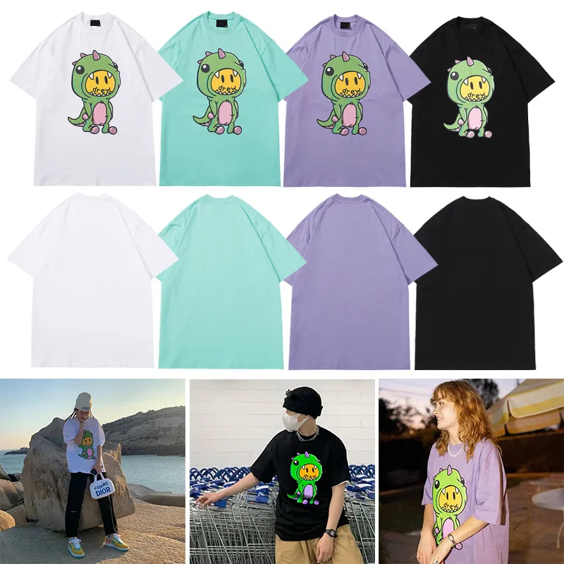 Drew House Premium Quality Smiley Face Baby Dinosaur Short-Sleeve Versatile High-Street Oversized Unisex 100% Cotton T-Shirt