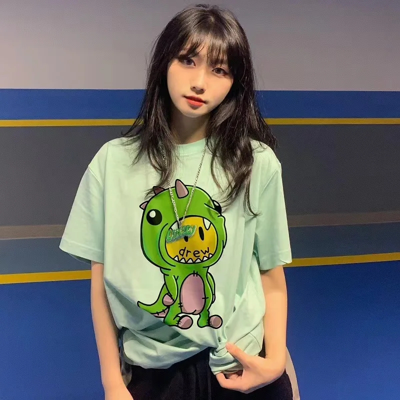Drew House Premium Quality Smiley Face Baby Dinosaur Short-Sleeve Versatile High-Street Oversized Unisex 100% Cotton T-Shirt