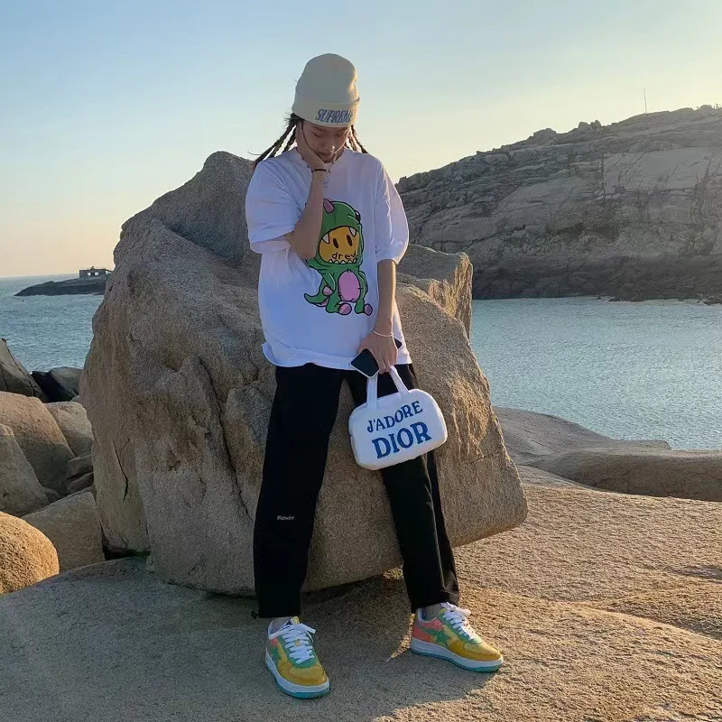 Drew House Premium Quality Smiley Face Baby Dinosaur Short-Sleeve Versatile High-Street Oversized Unisex 100% Cotton T-Shirt