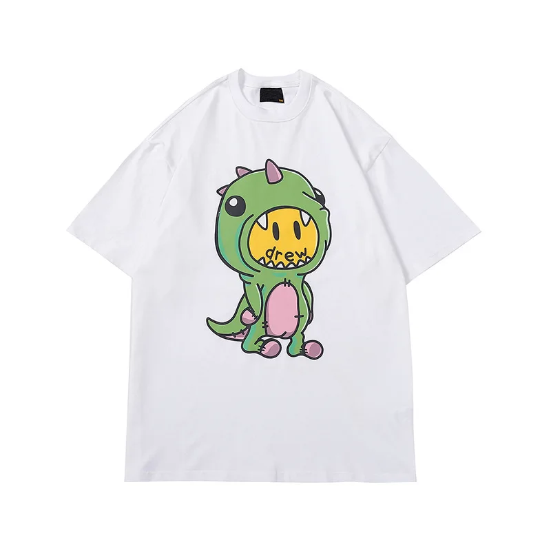 Drew House Premium Quality Smiley Face Baby Dinosaur Short-Sleeve Versatile High-Street Oversized Unisex 100% Cotton T-Shirt