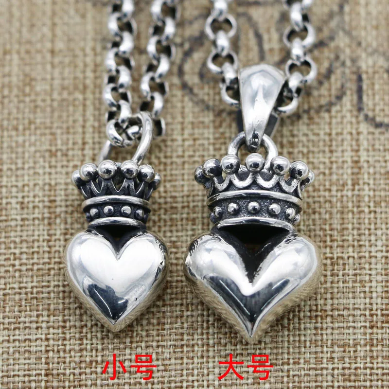 S925 Sterling Silver Simple Pick Heart Crown Pendant Engraved Fashion Collar Chain High Cold Jewelry Harajuku Style Sweater Chai