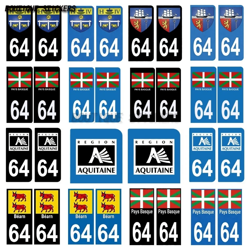 2Pcs Autocollant plaque d'immatriculation France  bleu noir 64 blason Pau St Jean de Luz Pays Basque Car and motorcycle stickers