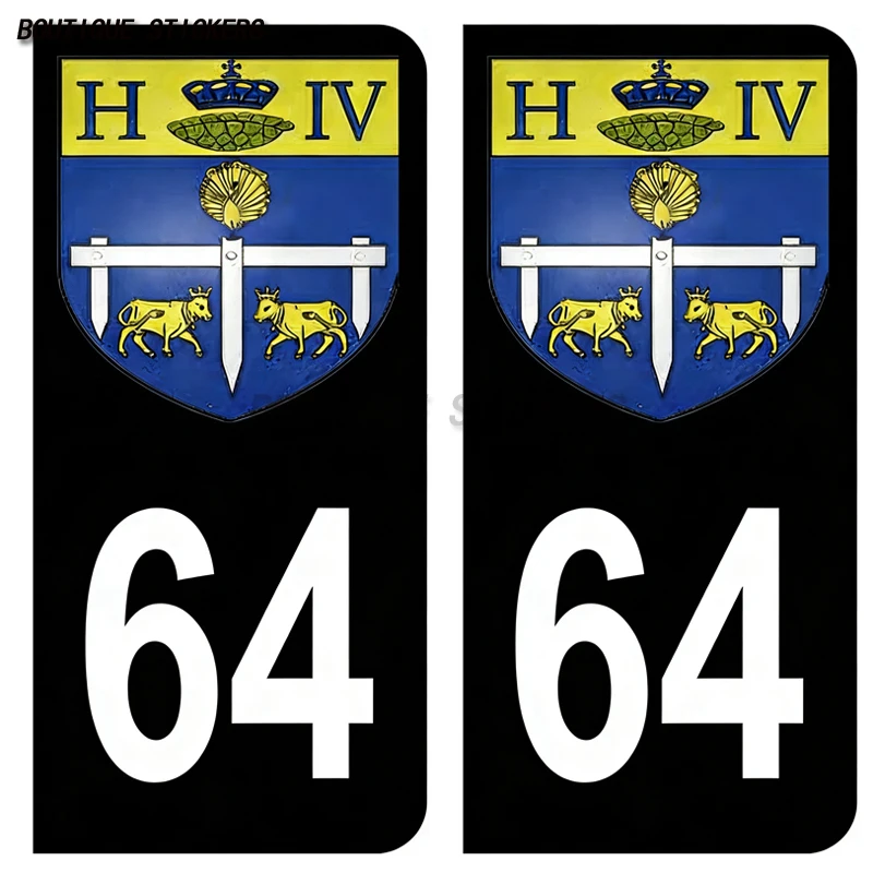 2Pcs Autocollant plaque d'immatriculation France  bleu noir 64 blason Pau St Jean de Luz Pays Basque Car and motorcycle stickers