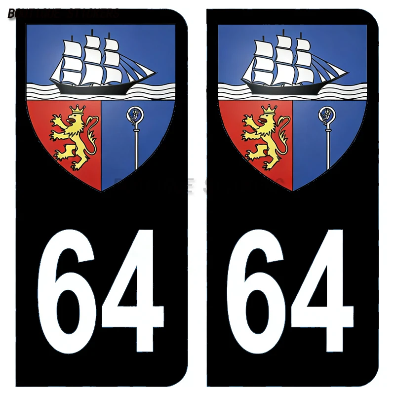 2Pcs Autocollant plaque d'immatriculation France  bleu noir 64 blason Pau St Jean de Luz Pays Basque Car and motorcycle stickers