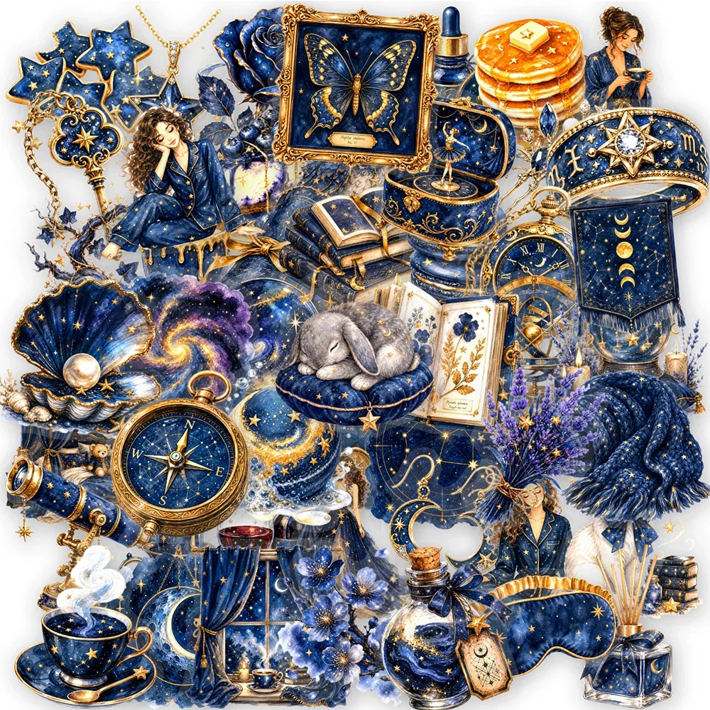 10/30/50pcs Midnight Blue Starry Sky Aesthetic Stickers Cartoon Vintage Art Sticker Luggage Phone Guitar Transparent PET Decals