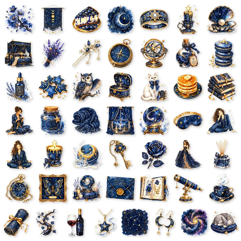 10/30/50pcs Midnight Blue Starry Sky Aesthetic Stickers Cartoon Vintage Art Sticker Luggage Phone Guitar Transparent PET Decals