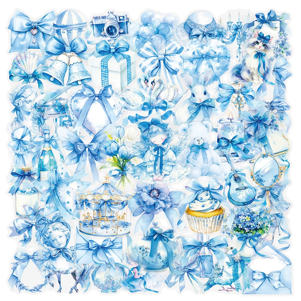 10/30/50pcs Cute INS Style Blue Bow Art Stickers Cartoon Aesthetic Sticker Suitcase Scrapbooking Phone Transparent Decals Decor