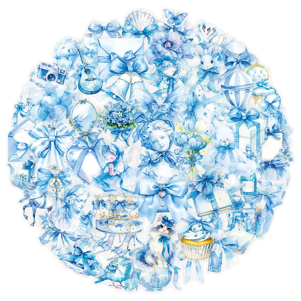 10/30/50pcs Cute INS Style Blue Bow Art Stickers Cartoon Aesthetic Sticker Suitcase Scrapbooking Phone Transparent Decals Decor