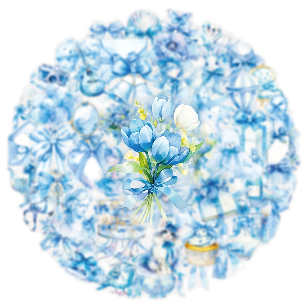 10/30/50pcs Cute INS Style Blue Bow Art Stickers Cartoon Aesthetic Sticker Suitcase Scrapbooking Phone Transparent Decals Decor