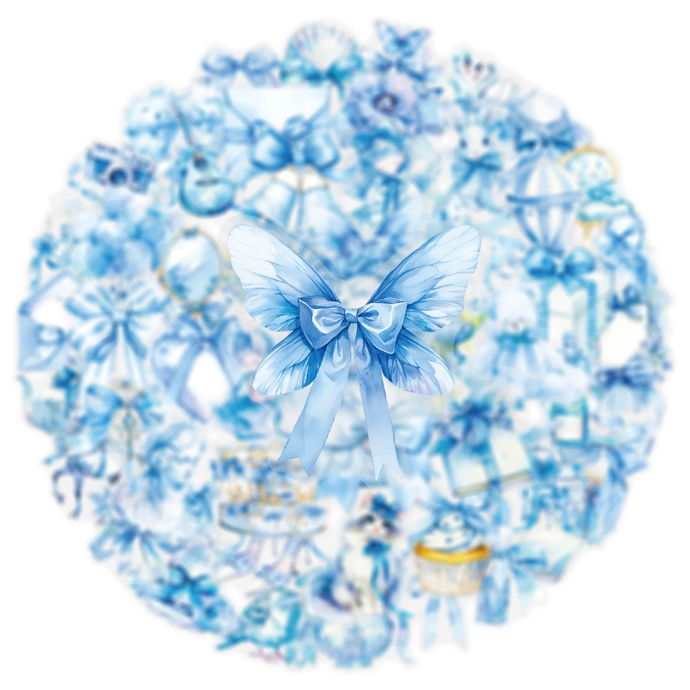 10/30/50pcs Cute INS Style Blue Bow Art Stickers Cartoon Aesthetic Sticker Suitcase Scrapbooking Phone Transparent Decals Decor