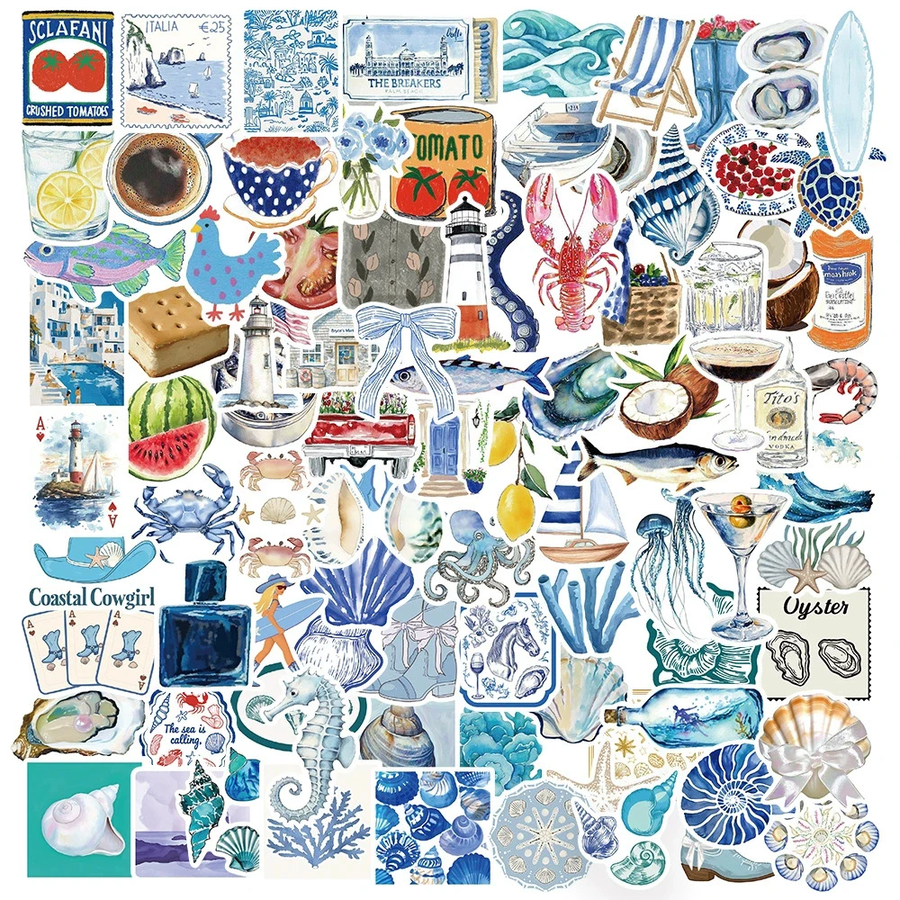10/30/50/100pcs Cartoon Blue Sea Coast Aesthetic Stickers Mediterranean Style Decals Laptop Water Bottle Phone Sticker Wholesale