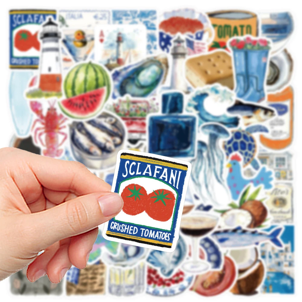 10/30/50/100pcs Cartoon Blue Sea Coast Aesthetic Stickers Mediterranean Style Decals Laptop Water Bottle Phone Sticker Wholesale