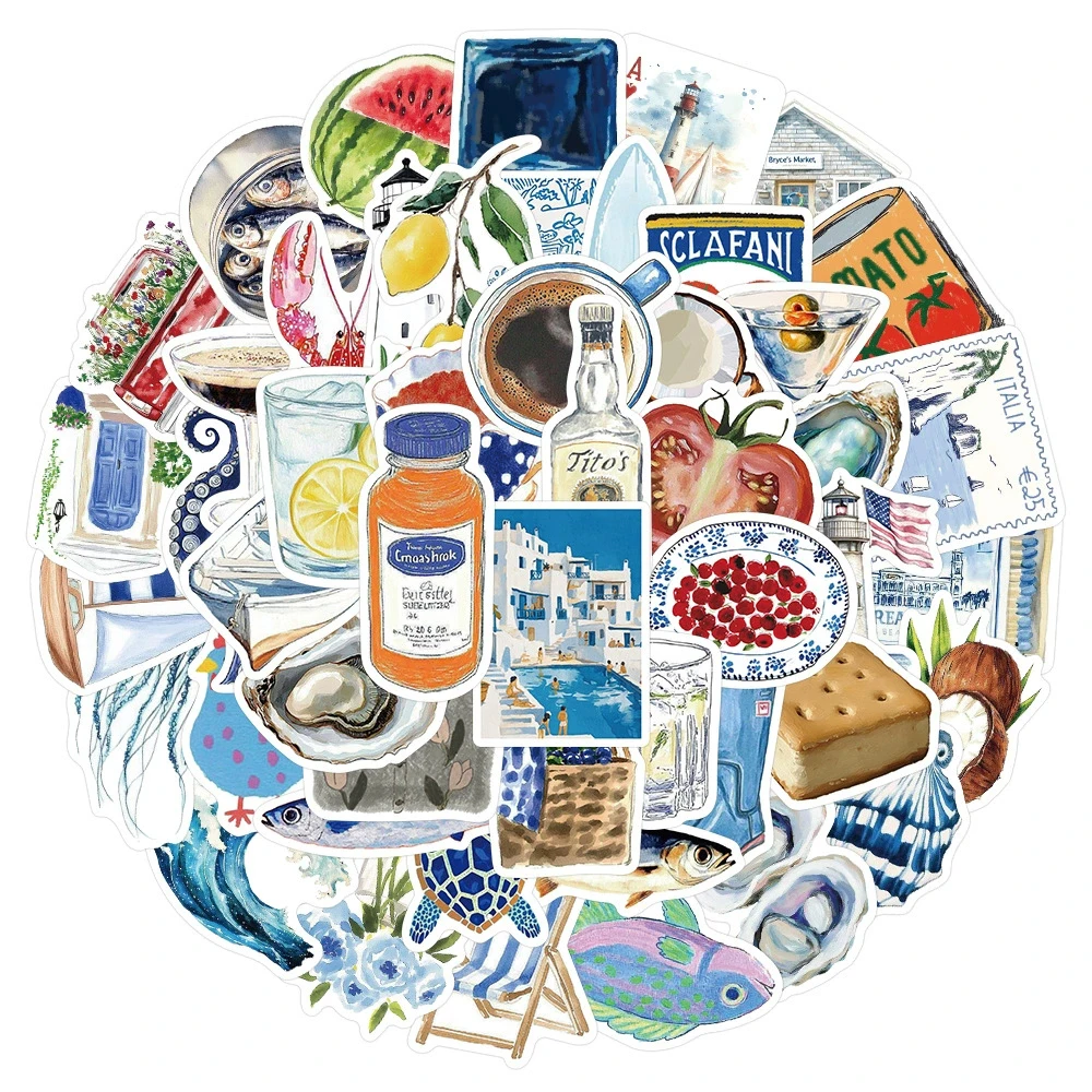 10/30/50/100pcs Cartoon Blue Sea Coast Aesthetic Stickers Mediterranean Style Decals Laptop Water Bottle Phone Sticker Wholesale