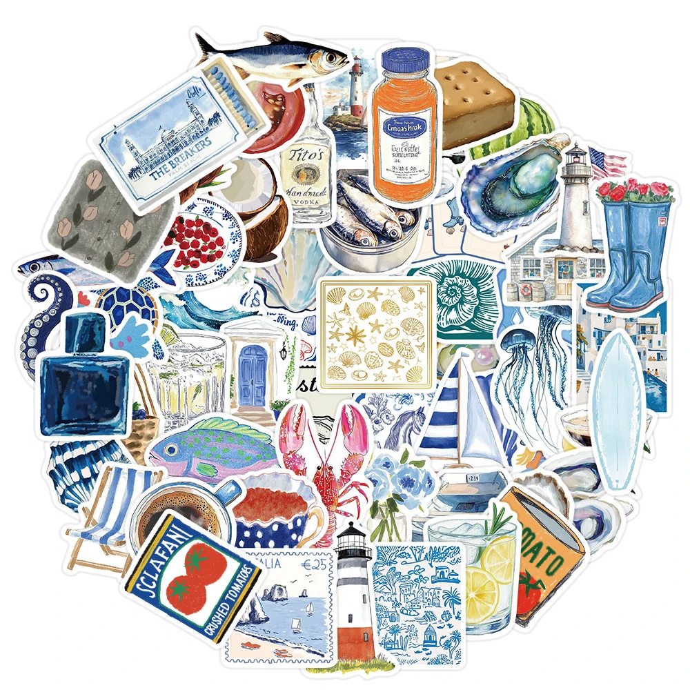10/30/50/100pcs Cartoon Blue Sea Coast Aesthetic Stickers Mediterranean Style Decals Laptop Water Bottle Phone Sticker Wholesale