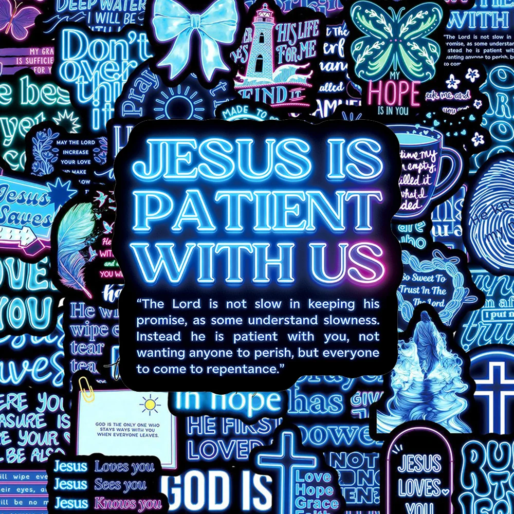 10/30/50pcs Neon Blue Bible Cartoon Stickers Christian Jesus Phrase Graffiti Decals Water Bottle Phone Notebook Sticker Packing