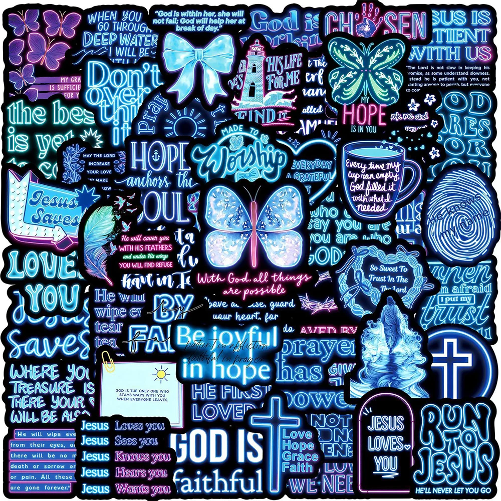 10/30/50pcs Neon Blue Bible Cartoon Stickers Christian Jesus Phrase Graffiti Decals Water Bottle Phone Notebook Sticker Packing