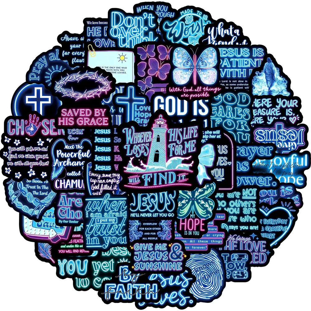 10/30/50pcs Neon Blue Bible Cartoon Stickers Christian Jesus Phrase Graffiti Decals Water Bottle Phone Notebook Sticker Packing