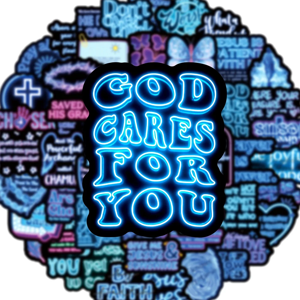10/30/50pcs Neon Blue Bible Cartoon Stickers Christian Jesus Phrase Graffiti Decals Water Bottle Phone Notebook Sticker Packing