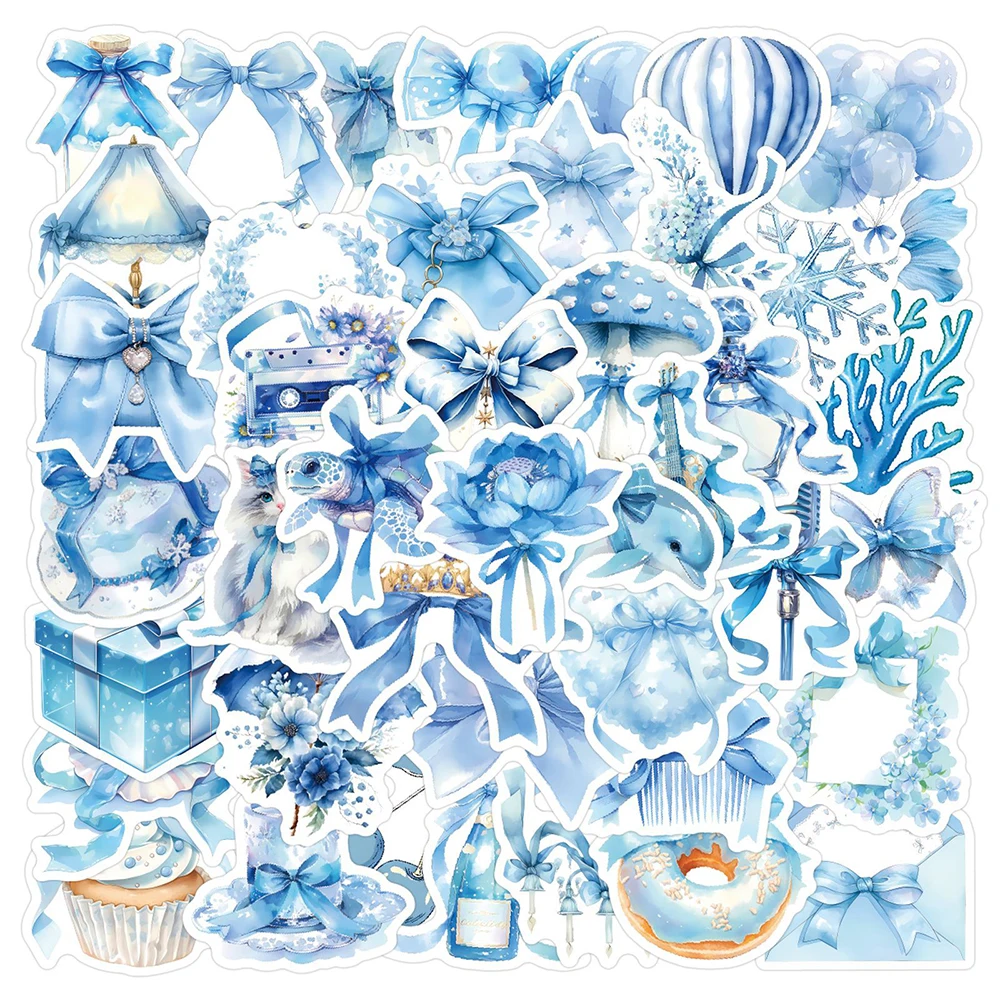 10/30/60pcs INS Blue Aesthetic Girl Bow Cartoon Stickers Cute Coquette Vsco Decals for Suitcase Laptop Waterproof Sticker Decor