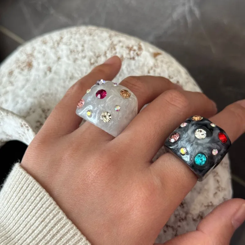 Fashion Gradient Smudge Acrylic Colorful Zircon Thick Large Resin Rings For Girls Women Personality Party Harajuku Style Jewelry