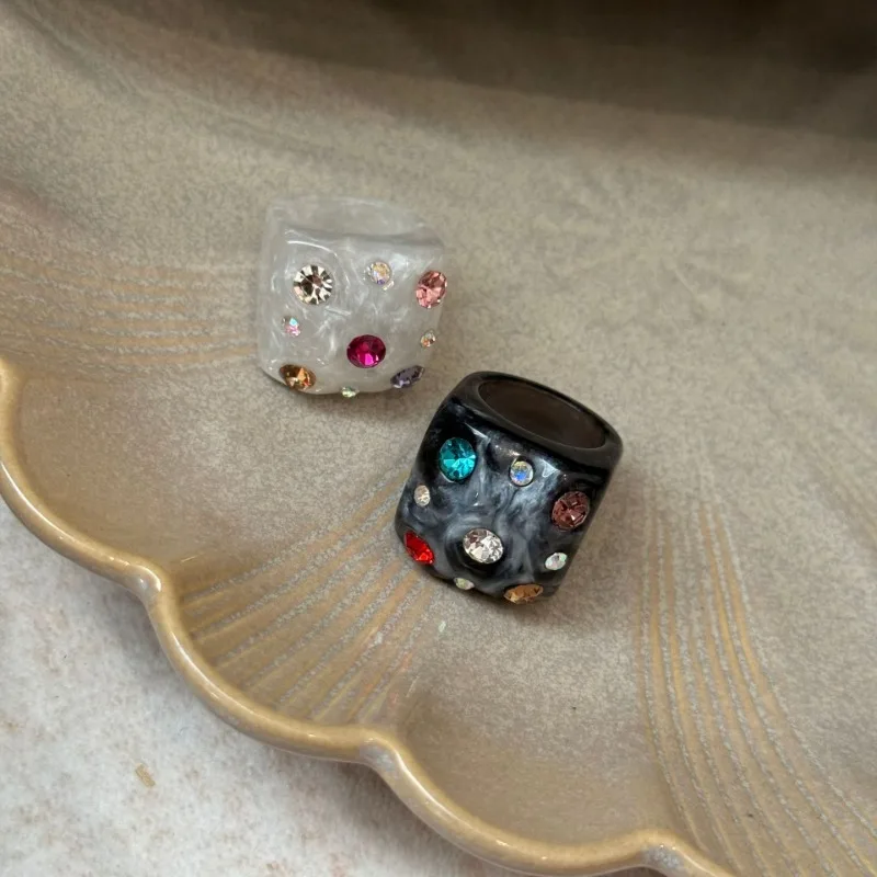 Fashion Gradient Smudge Acrylic Colorful Zircon Thick Large Resin Rings For Girls Women Personality Party Harajuku Style Jewelry