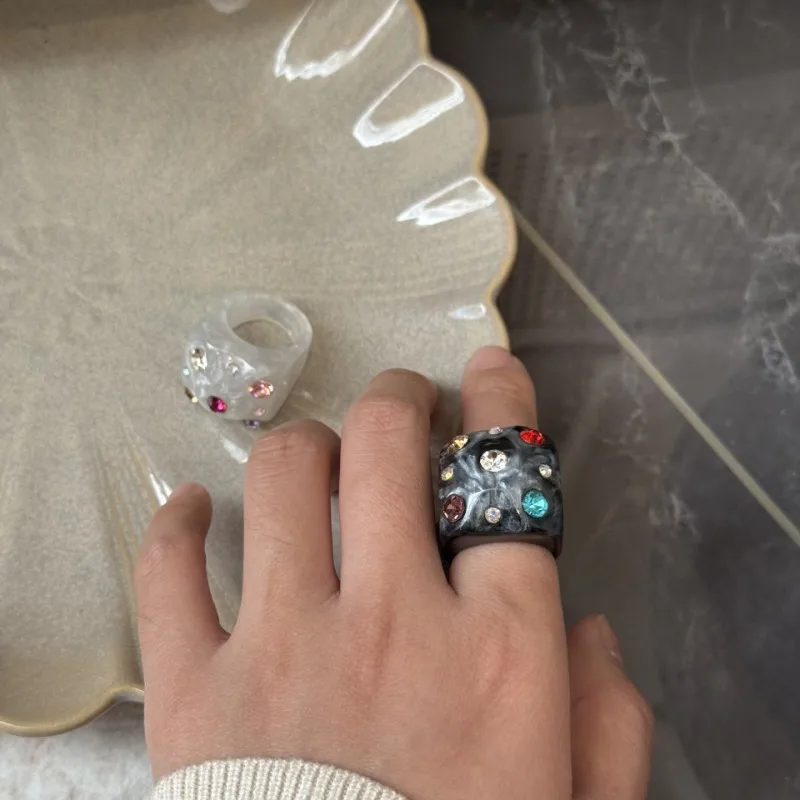 Fashion Gradient Smudge Acrylic Colorful Zircon Thick Large Resin Rings For Girls Women Personality Party Harajuku Style Jewelry