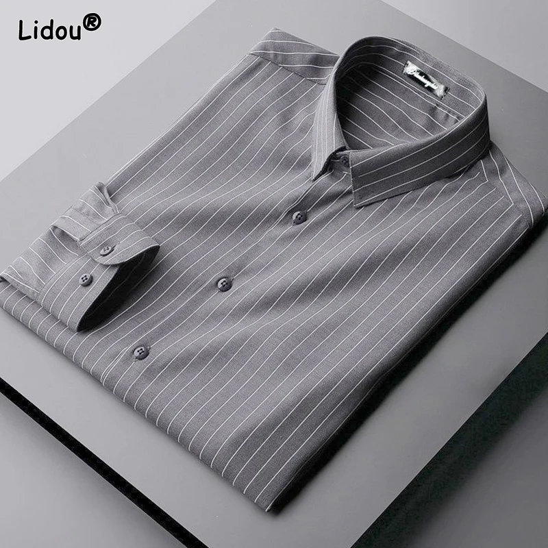 2023 New Spring and Autumn Korean Fashion Business Dress Casual No Iron Polo Collar Stripe Long Sleeve Men's Versatile Shirt