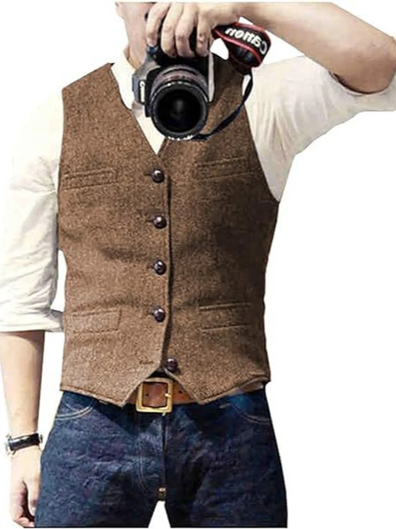Men Suit Vest Waistcoat Business Wedding Herringbone V Neck Collar Men's Dress Male Blazer Vests Formal Party Fashion Vest V13
