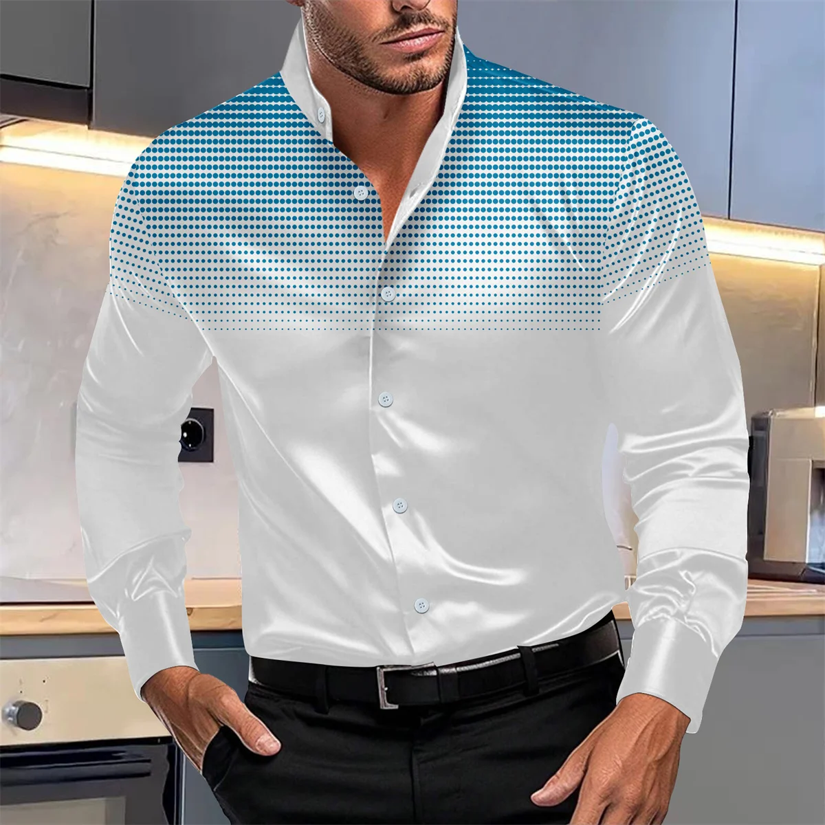 Spring and Autumn Fashion New Men's Business Office Casual Gradual Change polka dot print loose long-sleeved stand collar shirt
