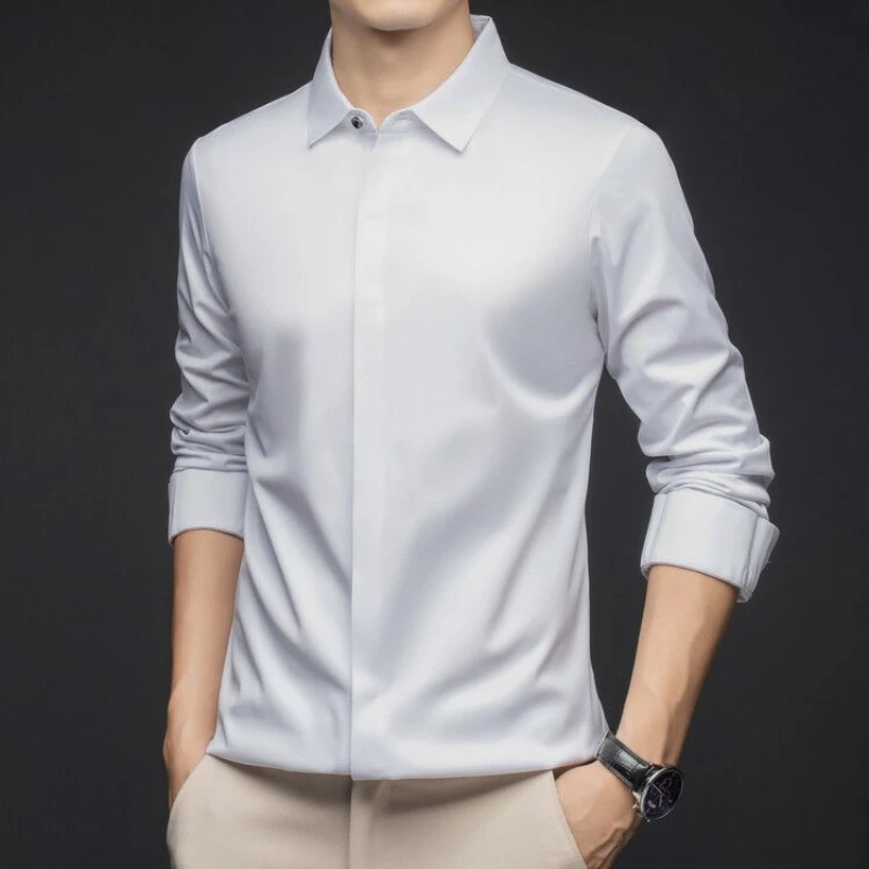 High end Business Men Shirts Non Iron Button Invisible Elastic Top Luxurious Male Long Sleeve Breath Quality Dress Shirt for Man