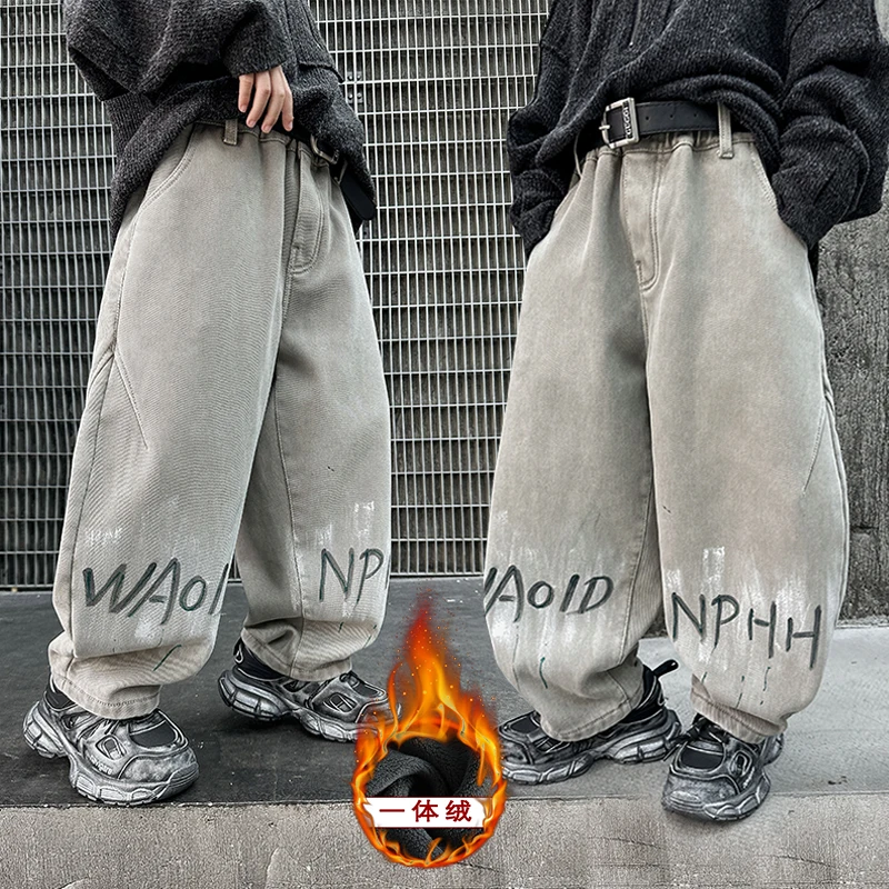 AW 2025 Graffiti Apricot Jeans Boys Y2K Vintage High Waisted Jeans Straight Streetwear Loose Large Wide Leg Denim Pants Age 4-14