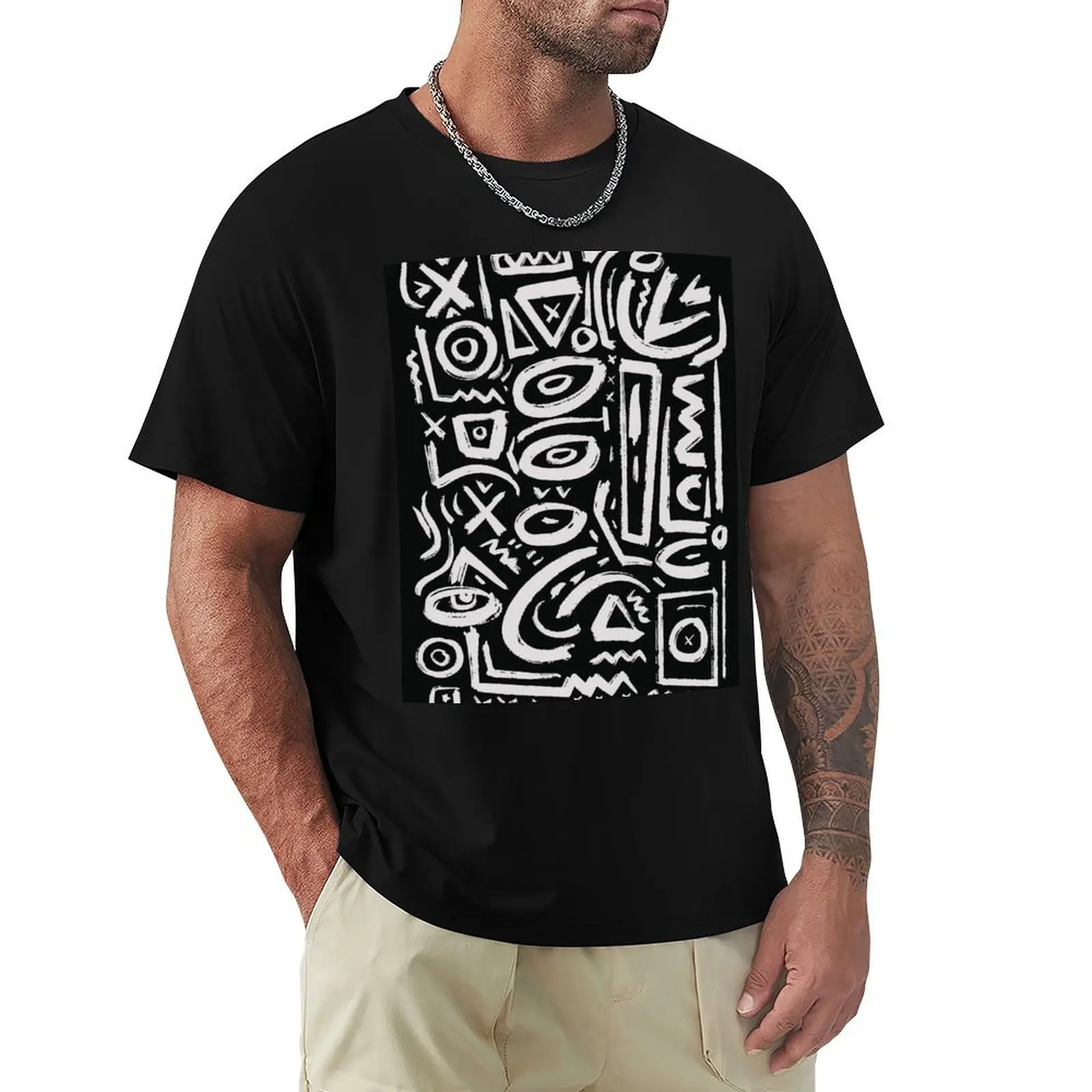 Black and White Tribal Graffiti Symbols of Life T-Shirt Casual Streetwear Short Sleeve Tee
