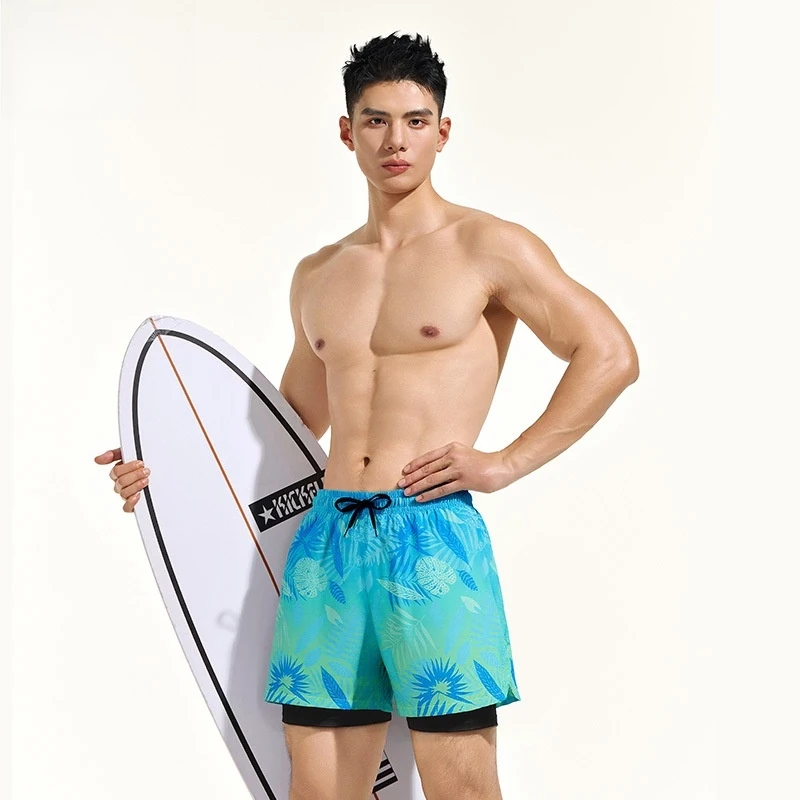 New Men Swimwear Quick Dry Double Layer Five Length Boxer Swim Pants With Adjustable Drawstring For Adult Men Beach Water Sports