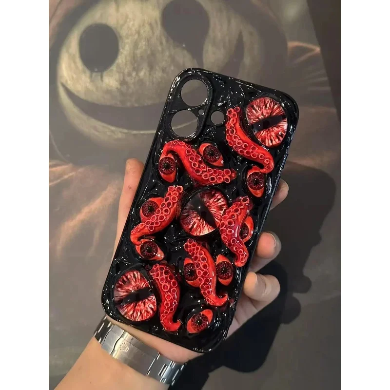 3D Horror Eye Tentacle Cthulhu Eye Phone Case, suitable for iPhone 17, 16, 15, 14, 12 Pro Max, made of soft silicone material