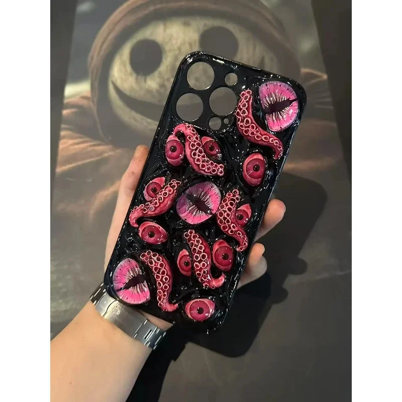 3D Horror Eye Tentacle Cthulhu Eye Phone Case, suitable for iPhone 17, 16, 15, 14, 12 Pro Max, made of soft silicone material