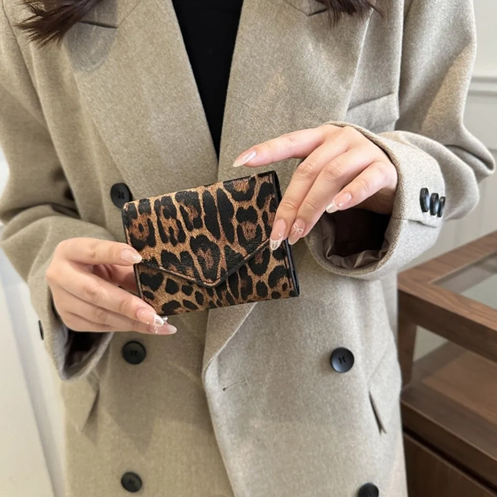 Mini Elegant Leopard Short Wallet Korean Style Card Holder Envelope Clutch Bag Handbag PU Leather Coin Purse Women