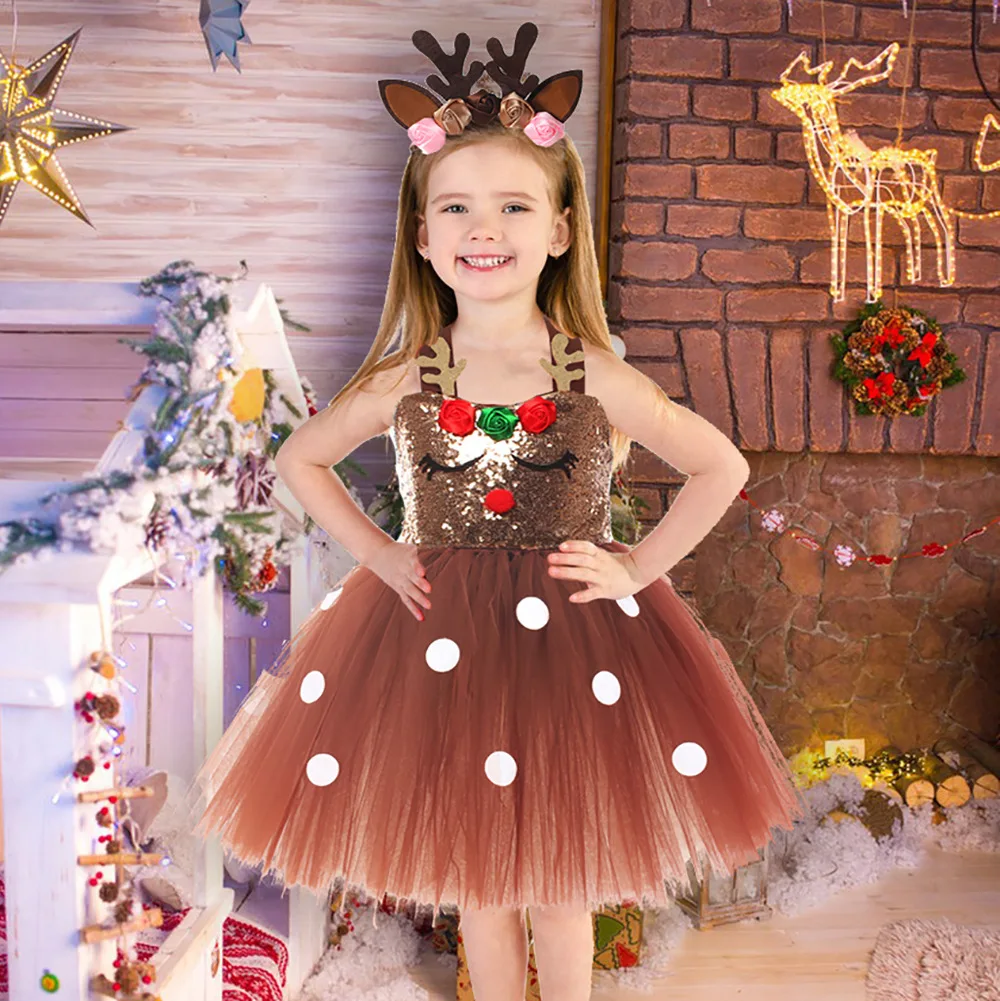 Christmas Fluffy Mesh BrownTutu Dress Sweet Tulle Skirt Suspender Party Outfit Cute Holiday Birthday Carnival Photo Shoot Wear