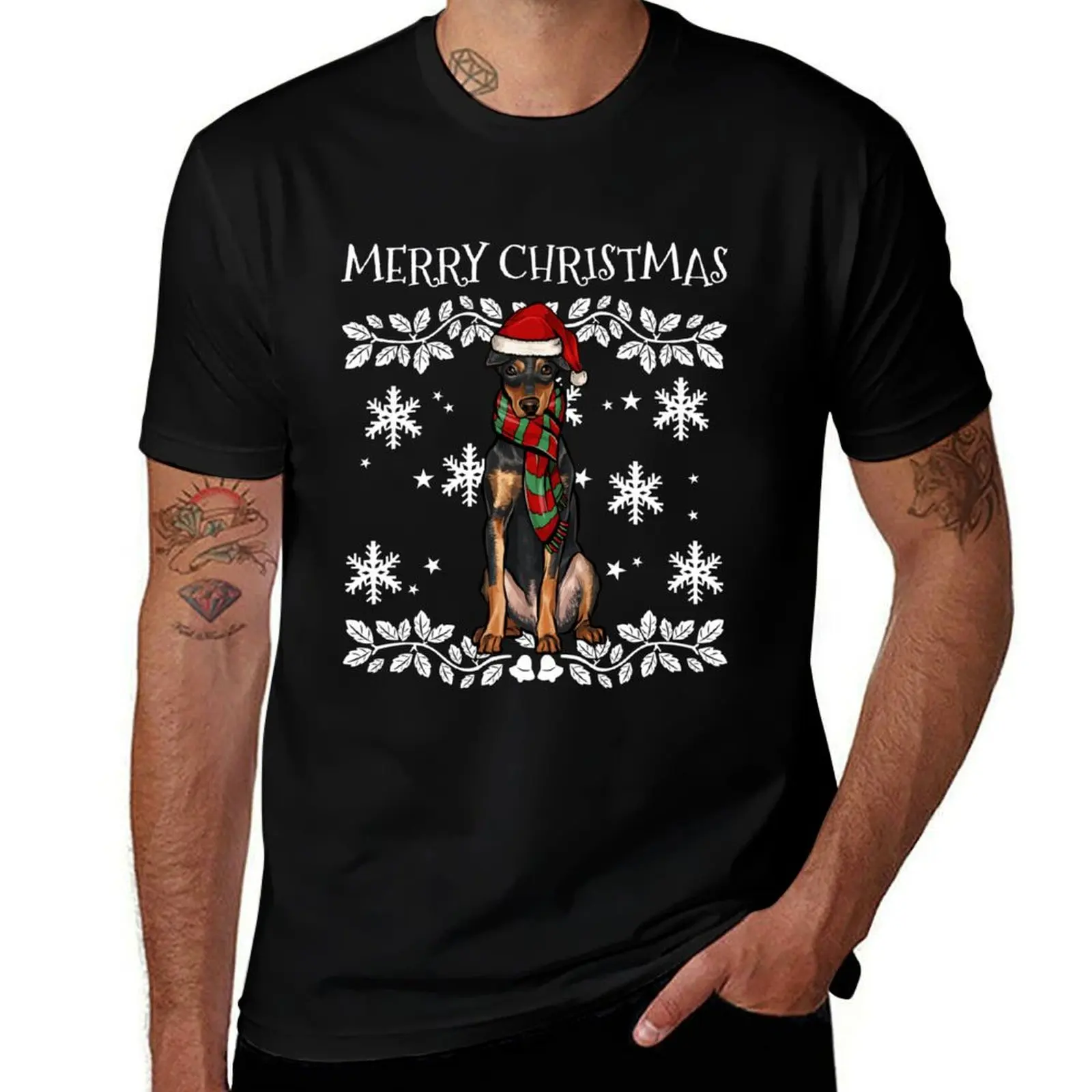 Merry Christmas Ornament German Pinscher Xmas Santa T-Shirt Gym Wear Breathable Short Sleeve Tee