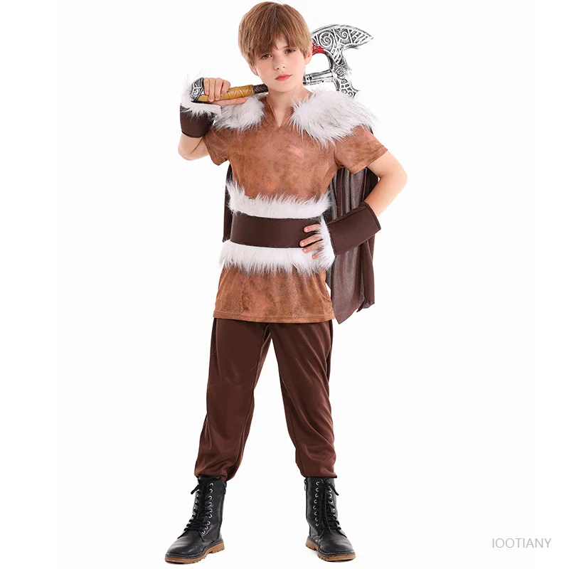 Halloween Viking Children Boy Pirate Barbarian Fancy Dress Brown Costume Christmas Purim Role Play Party Stage Performance Set