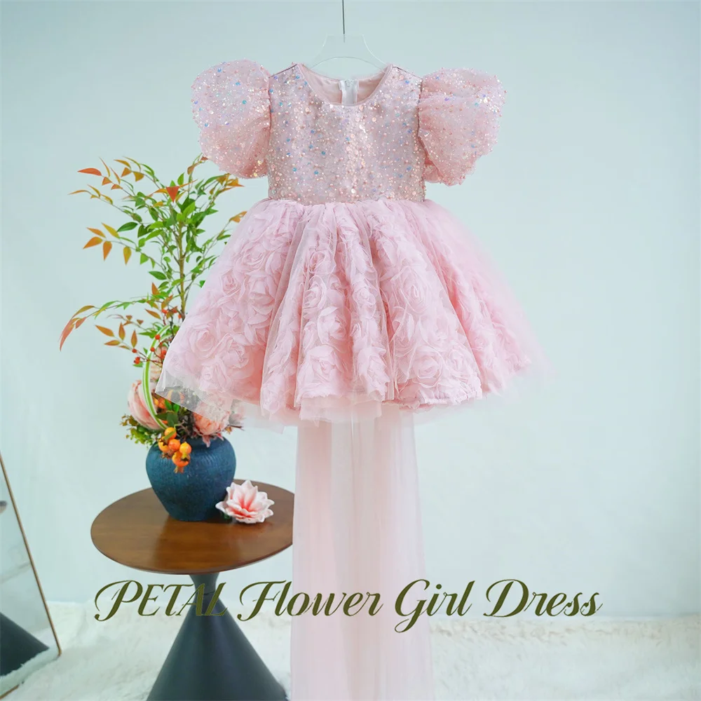 Petal 3D Rose Bow At Back Kids Birthday Party Dress Sequin Pageant Dress for Girl Light Pink First Communion Gown Customized