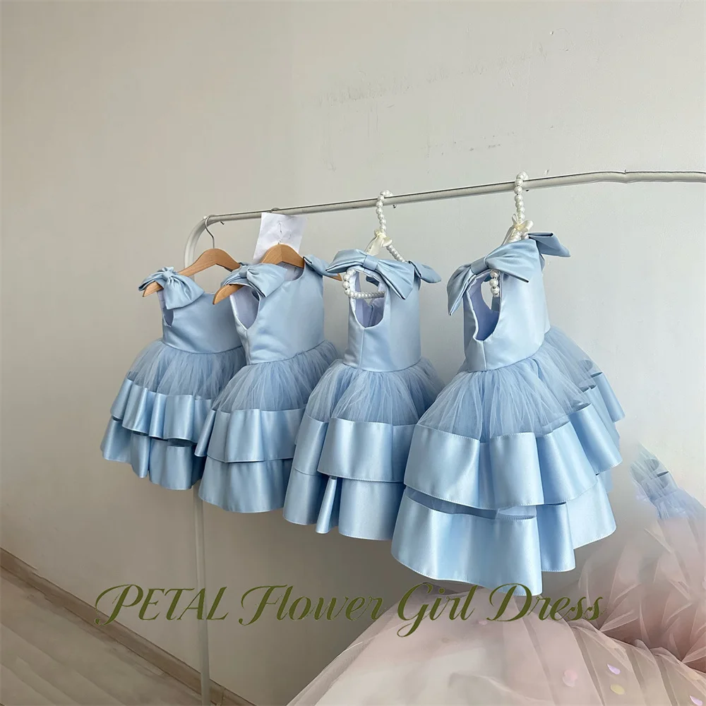 Petal Light Sky Blue Kids Birthday Party Dress Round Neck Pageant Dress for Girl Shoulder Bow Garden First Communion Gown